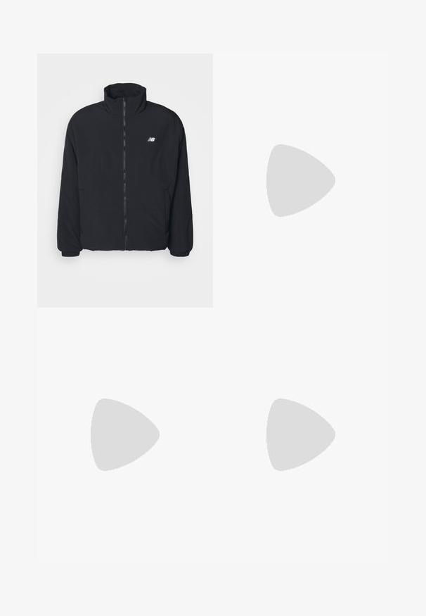 Black zip-up jacket with high collar, elastic cuffs, and side pockets; made from insulated material; features a small logo on the chest.; Black cotton t-shirt featuring a subtle, darker car graphic on the front and a small logo on the left sleeve. Short sleeves, crew neck design.; Dark blue denim trousers with a straight leg design, featuring light stitching details and a front button closure. Smooth texture.; Black running shoe featuring a mix of mesh and synthetic materials, chunky sole, curved design, and prominent branding on the side.