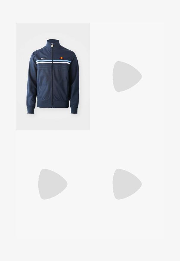 Marineblå zip-jakke med lyseblå og hvite horisontale striper, høy krage og ellesse-logo-lapper på brystet og glidelåsen.; Herre t-skjorte i marineblå, med en hvit øverste panel med røde horisontale striper, logo-lapp og klassisk rund hals. Myk bomullsblanding.; Svarte joggebukser laget av mykt stoff har en innskrenket bendesign, elastisk midje, sidelommer med glidelås og en liten logoak accent.; Svart og grønn sneakers med et mønstret mesh-overdel, hvit swoosh-logo, polstret krage og en synlig luftdemping i sålen.