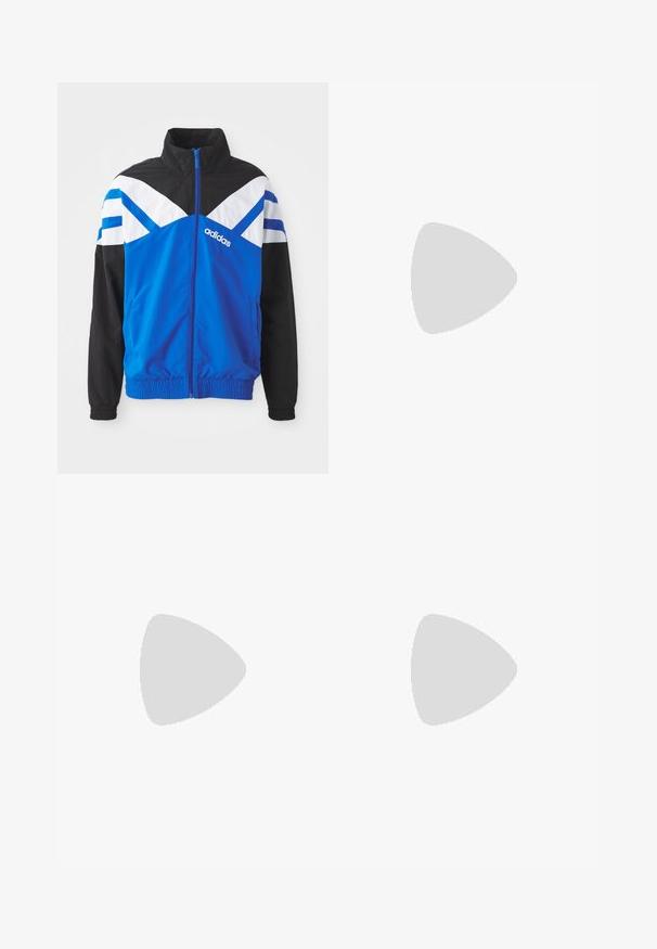 Sinine ja must tuulejope, millel on valge ja sinine v-tähe muster, tõmblukuga sulgemine, elastsed mansetid ja küljetaskud. Adidas logo on nähtaval.; Kreemist puuvillast T-särk, millel on ümar kaelus ja lühikesed varrukad; esiküljel on väike, heledavärviline logo.; Valged puuvillased laiad püksid nööbiga, millel on vöölid ja kaks tampooni ees. Sile tekstuur, klassikaline disain ja sirge lõige.; Beežid ja mustad tossud sueded ülemise osaga, millel on sile must külgpaneel valgete täppidega ja tekstureeritud kummitald.