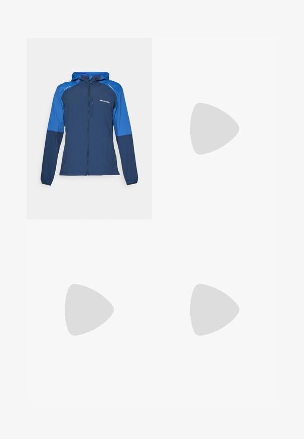Chaqueta ligera en azul marino y azul con cremallera frontal, capucha con cordón y puños elásticos. Presenta el logotipo de la marca en el pecho y paneles en contraste.; Camiseta de algodón blanca con un logo de Columbia con temática montañosa en azul y verde en la parte delantera. Manga corta, escote redondo, corte relajado.; Pantalones deportivos negros hechos de un tejido ligero, con una cinturilla ajustable, bolsillos laterales y puños ajustados en los tobillos.; Bota de senderismo negra con parte superior texturizada, puntera reforzada y suela Vibram. El sistema de cordones incluye ganchos para un ajuste seguro.