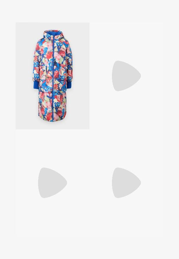 Padded floral coat with a hood, featuring red, pink, and blue flowers on a dark background, two front pockets, and ribbed blue cuffs.; Light pink short-sleeve t-shirt made of soft fabric with a rounded neckline and loose fit, featuring no visible patterns or textures.; Light blue, high-waisted jeans made of denim. Feature wide legs, two torn knee areas, and classic five-pocket styling.; White high-top canvas sneaker with black rubber sole, front rubber toe cap, and six eyelets for laces, featuring a clean, minimalist design.