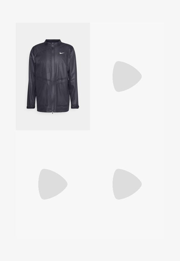 Svart Nike-jakke med ståkrage, glidelås og teksturert stoff med subtile paneldetaljer. Har en liten hvit logo på brystet.; Hvit kortermet t-skjorte laget av glatt stoff. Har rund hals og en liten svart Nike-logo på venstre bryst.; Sorte sykkelbukser med mesh-stropper, polstret sete for komfort og en liten rød logodetalj nær kanten. Glatt tekstur.; Hvit atletisk sko med teksturert mesh-overdel, svart gummisåle og teal Nike swoosh-detalj. Har snøring og polstret krage.