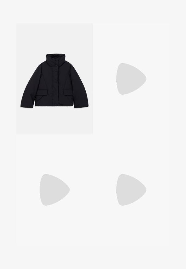 Cropped black puffer jacket with high collar, featuring a front button closure and two side pockets, made from smooth, insulated fabric.; Ribbed, cream-colored polo shirt with long, flare sleeves and five button placket. Features a collar with a soft texture.; Navy corduroy trousers with a wide-leg design, elastic waistband, and vertical ribbed texture. Features side pockets and a straight hem.; Burgundy glossy leather ankle boot with a rounded toe, textured finish, and a chunky black heel, featuring stitched detailing along the sides.