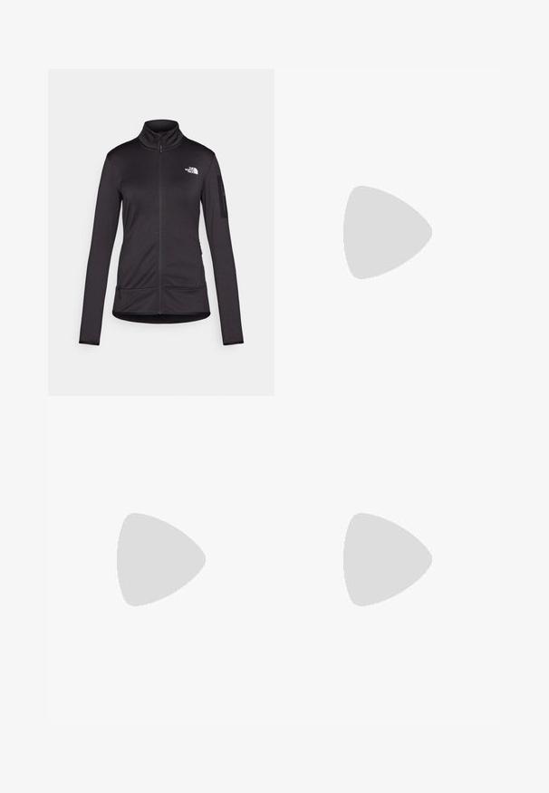 Svart, langermet jakke med glidelås laget av myk, elastisk stoff. Har høy krage, to frontlommer og en logo på brystet.; Svart langermet T-skjorte laget av bomull med rund hals. Har en liten hvit logo på venstre brystområde. Enkelt design og passform.; Svart, tettsittende bukser laget av et fleksibelt materiale. Funksjoner inkluderer en glidelåslukket sidelomme, artikulerte knær og en glatt tekstur.; HOKA KAHA 2 LOW GTX - Fjellsko - slate/barley