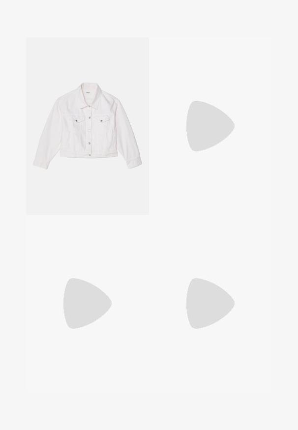 Agolde MARTIKA JACKET - Džínová bunda - fortune cookie/natural; Bílý tričko s krátkým rukávem vyrobené z lehké bavlny. Má kulatý výstřih a ohrnuté rukávy. Červená nášivka s logem na límci.; Šedé kostkované kalhoty s širokými nohavicemi, vysokým pasem, předními záhyby a zlatým kovovým doplňkem na pásku. Texturovaná tkanina.; Černé kožené loafers s hladkým povrchem, prošívané detaily kolem špičky a nízkou gumovou podrážkou. V kombinaci s širokými černými kalhotami.