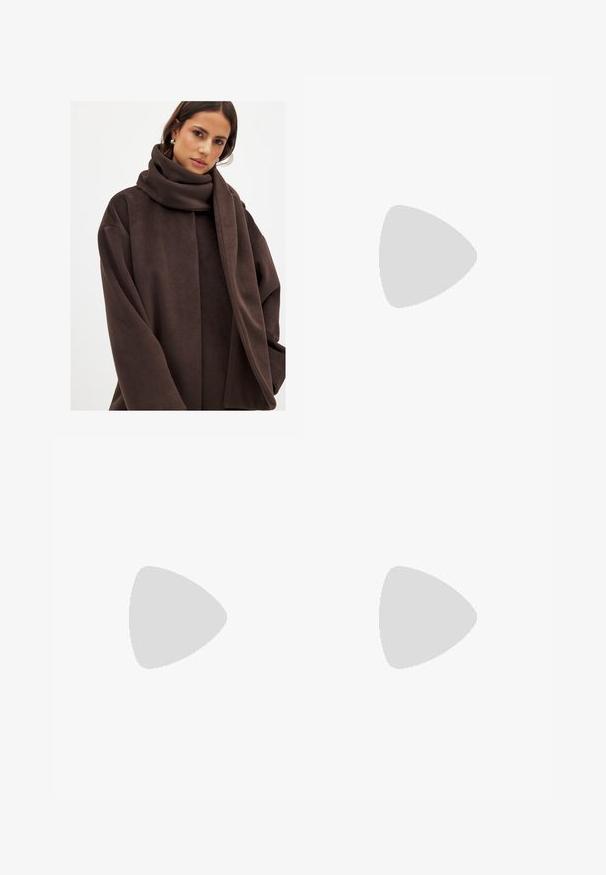Brown fleece coat with a wide, draped design and oversized sleeves. Features a matching scarf, soft texture, and minimal seams.; Short-sleeve, high-neck top in a deep burgundy knit fabric featuring a textured, open-weave pattern and ribbed hem and cuffs.; Wide-leg black trousers made of a smooth fabric, featuring front pockets and a button closure at the waist. Minimalist design with no patterns.; Sport shoes with a white leather upper, gray suede toe, and three black stripes. Features a blue logo on the tongue and a textured rubber sole.; Brown leather handbag with textured surface, gold hardware, top handles, and detachable shoulder strap; features a front flap with a clasp closure.; Gold-tone rectangular wristwatch with a white dial, silver-tone hour markers, and a durable metal link bracelet. Water-resistant feature included.