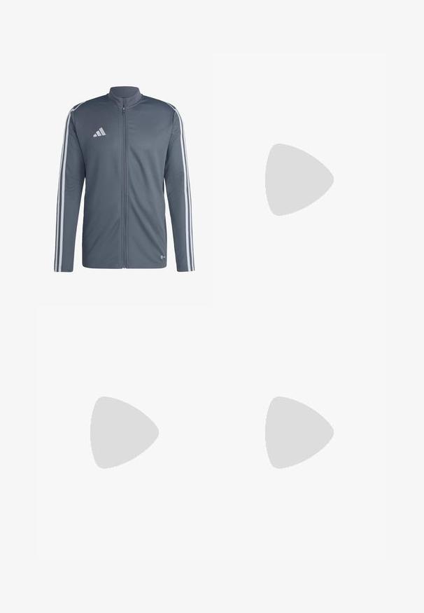 Graue Sportjacke aus Polyester. Hat einen vollständigen Reißverschluss, einen hohen Kragen und weiße Streifen entlang der Schultern. Adidas-Logo auf der Brust.; Langärmliges weißes Sportshirt aus glattem Material mit einem schwarzen Adidas-Logo auf der Brust; V-Ausschnitt-Design und figurbetonte Form.; Hellgraue Sportshorts mit elastischem Taillenbund, ausgestattet mit weißen und grauen gestreiften Akzenten am Saum und einem Adidas-Logo.; Weißer Fußballschuh mit schwarzen Akzenten und roter Sohle. Verfügt über drei schwarze Streifen an der Seite und ein glattes Obermaterial.
