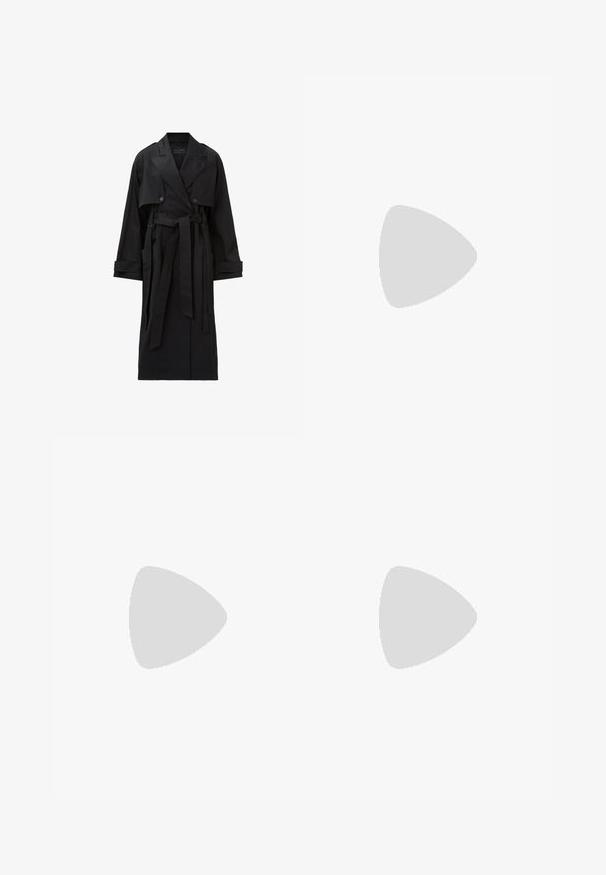 Lungo cappotto nero con ampi revers, bottoni doppi, patta anteriore, cinturini ai polsini e una cintura legata in vita.; Top senza maniche rosa chiaro realizzato in un tessuto morbido e elasticizzato. Presenta un scollatura rotonda e spalline sottili, con una texture liscia e una forma aderente.; Camicia a righe rosa chiaro con strisce verticali verdi e gialle, chiusura con bottoni e maniche lunghe con polsini a contrasto.; Jeans in denim a gamba larga con lavaggio scuro e finitura sbiadita. Presentano un orlo grezzo e un risvolto in denim più chiaro. Comprendono tasche frontali e chiusura con bottone.; Mule in pelle nera con punta affilata e tacco basso a blocco. Texture liscia con un design elegante. Retro aperto con dettagli minimi.; Borsa in pelle liscia di un rosa blush, con parte superiore arricciata, chiusura a coulisse e una cinghia sottile. Presenta un sottile logo Calvin Klein davanti.