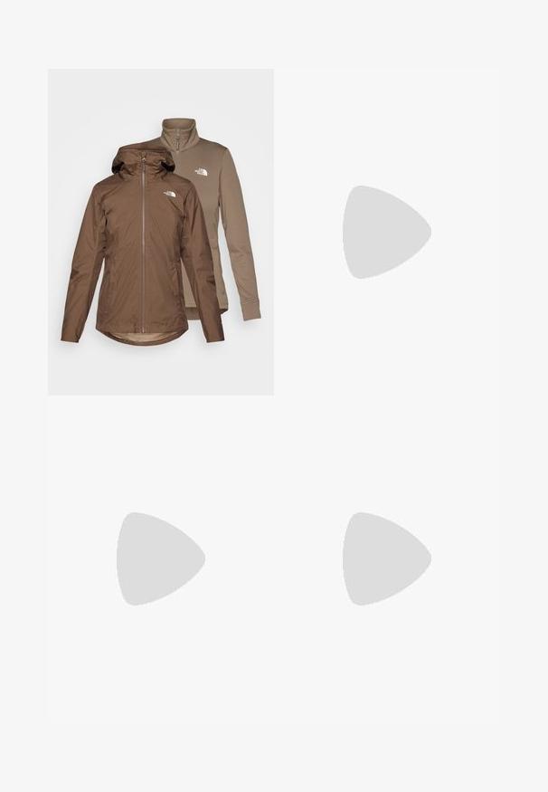 Ruda nepralaimanti striukė su nuimama gobtuvu, užtrauktuko priekyje ir dviem šoninėmis kišenėmis. Sujungta su šviesiai rudomis vilnonėmis pamušalu.; Trumpas rankovės, apvaliu kaklu marškinėliai švelnios rožinės spalvos, su abstrakčiais geometriniais raštais pastelinių spalvų. Su mažuoju baltu Terrex logotipu.; Juodos, lengvos lauko kelnės su elastinga juosmens juosta, šoniniais kišenėmis ir logotipu viršutiniame dešiniajame šlaunyje. Lygi, vandeniui atspari medžiaga.; Juodas sportinis batas su Gore-Tex viršumi, baltomis juostelėmis, purpuriniais akcentais, storu pilku viduriniu padu ir tekstūruotu pilku išoriniu padu, kuris suteikia sukibimą.