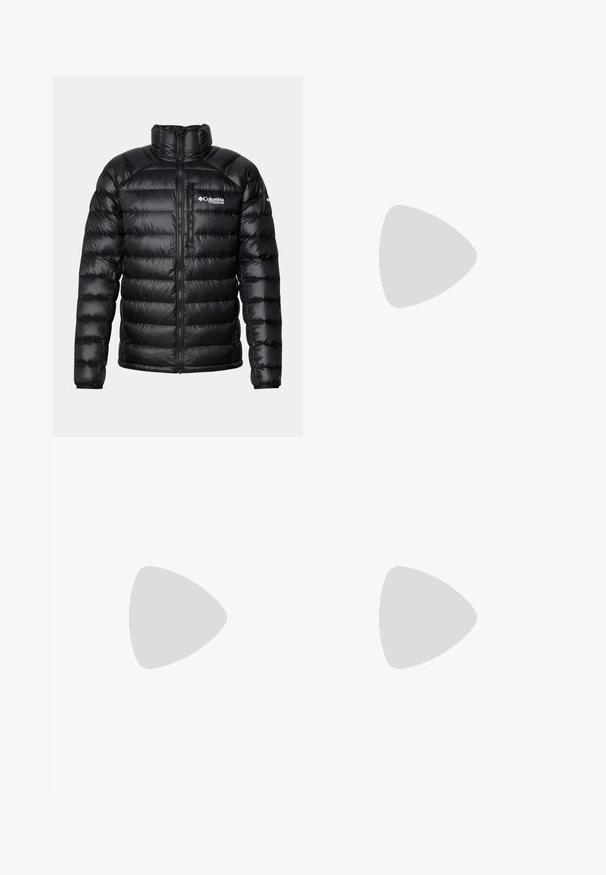 Black puffer jacket with a high collar, zippered front, and logo on the chest. Features quilted, glossy panels and elastic cuffs.; Columbia BASIC LOGO™ SHORT SLEEVE - Print T-shirt - black; Black athletic pants made from lightweight fabric, featuring a drawstring waistband, side pockets, and tapered cuffs at the ankles.; Black trail running shoe with a textured upper, rubber sole, and reinforced toe cap. Features a padded collar and pull tab for easy wear.; Black backpack with a rounded top, made from durable fabric. Features side mesh pockets and a rain cover label at the bottom.