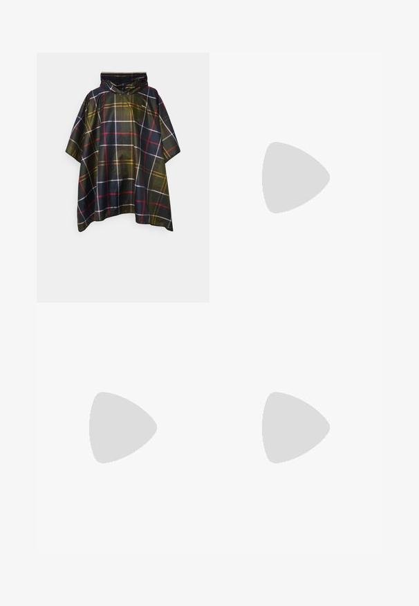 Geruite poncho in zwart, groen en gele tinten. Beschikt over een capuchon, korte mouwen en een losse pasvorm. Gestructureerde stof met een gedurfde ruitpatroon.; Groene lange mouwen trui met een ronde hals en gemusterde manchetten in marineblauw, roze en witte strepen. Gemaakt van een zachte breisel.; Bruine hoge taille leggings gemaakt van gladde, rekbare stof. Kenmerkt zich door een aansluitend ontwerp en een naadloze uitstraling langs de naden.; Bruine leren enkellaars met elastische zijkanten, trekriempjes en een getextureerde rubberen zool. Heeft een slank, rond te ontwerp.