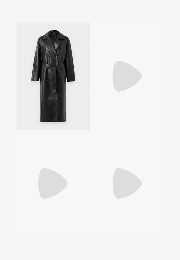 Black leather trench coat with a double-breasted front, large lapels, wide sleeves, and a removable belt at the waist. Smooth texture.; Burgundy ribbed long cardigan with a V-neck, full-length sleeves, and a front button closure. Features a slit at the hem for movement.; Black patent leather ankle boot with a pointed toe and a mid-height block heel. Smooth texture and minimalist design.; Black leather handbag with a curved shape, detachable strap, and gold hardware. The bag features a flap with a buckle detail.