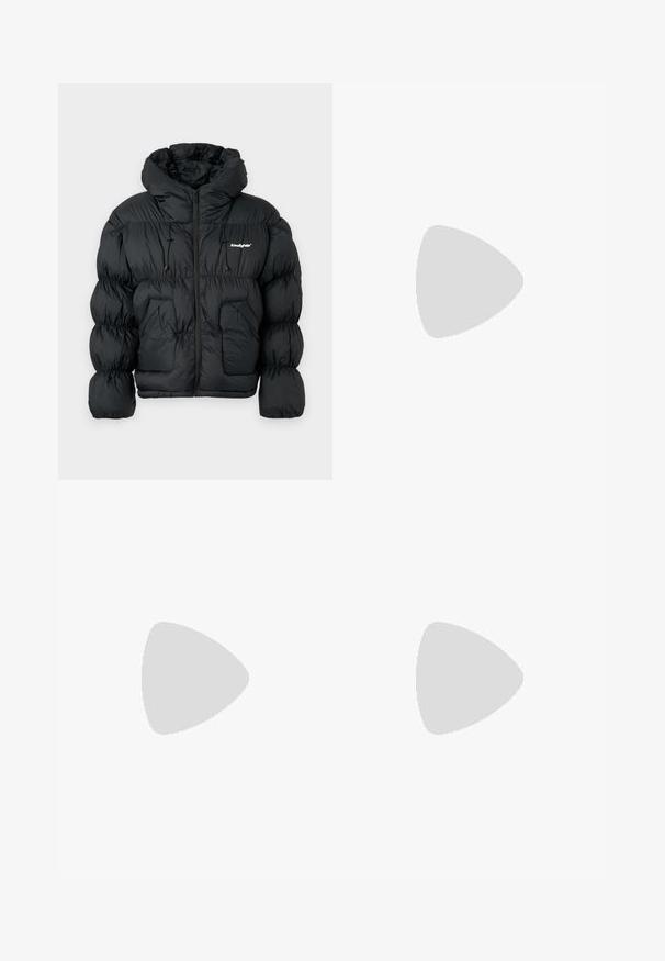 Black puffer jacket with a high collar, zip closure, drawstring hood, and oversized quilted design. Features large front pockets and elastic cuffs.; Black sports bra with a round neckline and racerback design. Features a reinforced waistband with white "carhartt" branding. Soft fabric texture.; Black cotton trousers with a straight cut, featuring a standard waistband, belt loops, and a single button closure. Smooth texture, no patterns.; Navy blue athletic shoes with white logo, suede, and mesh upper, featuring a padded collar, flat laces, and textured black rubber sole.