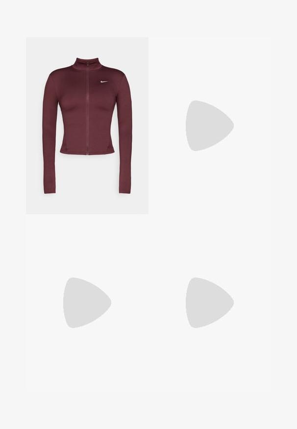 Casaco desportivo zipado em bordeaux com gola alta, mangas longas e um design ajustado. Apresenta um pequeno logótipo branco da Nike no lado superior esquerdo.; Top desportivo preto, tipo cropped, feito de material elástico, com decote redondo, design de costas à desnudar e logotipo branco na parte da frente.; Calções atléticos de cor azul clara com uma ampla cintura elástica, forro interior e fendas laterais para maior liberdade de movimento. Apresenta um pequeno logótipo branco.; Shoe atlético branco com parte superior em malha respirável e detalhes em azul. Apresenta uma sola acolchoada e atacadores planos. A entressola exibe a marca "Air Zoom".