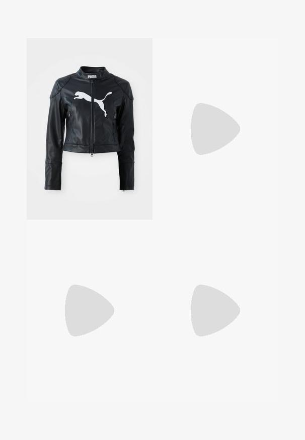 Black leather cropped jacket with stand collar, front zipper, and two zippered pockets. Features a white Puma logo on the chest.; Black cropped t-shirt with short sleeves, round neckline, made of smooth fabric. Minimalist design with no visible patterns or accents.; Black leather shorts with a smooth texture, featuring a pleated design, belt loops, and side pockets.; Silver athletic shoes with a smooth leather finish, featuring stitched accents, a rounded toe, and a low-profile black rubber sole.