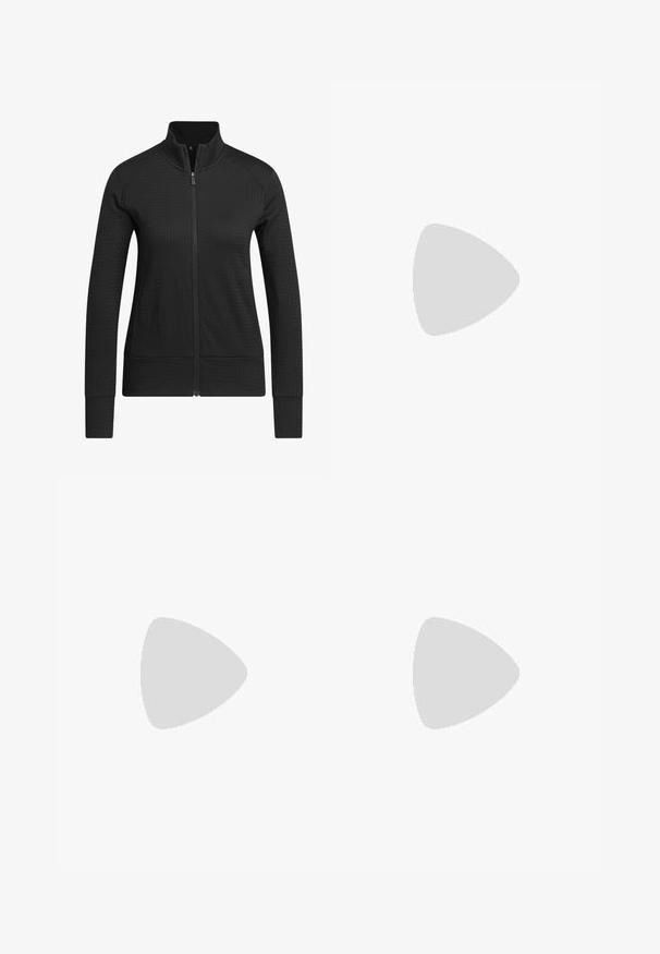 Črna zip-up jakna z teksturirano tkanino, prilegajoča zasnova, visok ovratnik in rebrasti manšeti. Material se zdi zračen in gladek.; Bela kratka majica s kratkimi rokavi z teksturiranim cvetličnim vzorcem, okroglim ovratnikom in sproščenim krojem. Narejena iz mehke, lahke tkanine.; Visoke pajkice v olivno zeleni barvi, izdelane iz raztegljivega materiala z gladko teksturo in ravnimi šivi, ki nudijo prilagojen videz.; Bele športne čevlje z teksturirano mrežasto zgornjim delom, srebrnimi poudarki in lahkotnim podplatom, ki ima majhne protisklizne konice, označeni z "ULTRA FLIGHT."