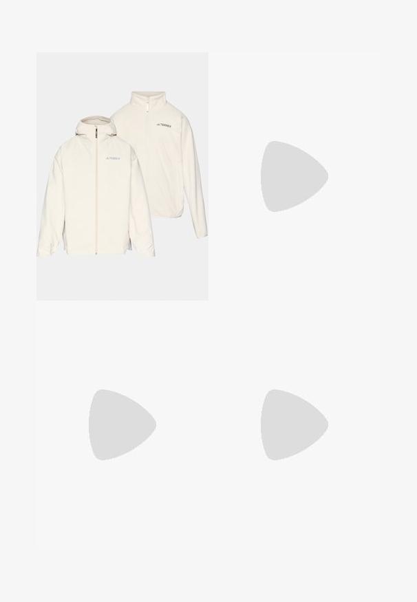 Fehér, két az egyben dzseki, kapucnival, cipzárral és "TERREX" logóval. Puha tapintású, könnyű kialakítással.; Fehér, rövid ujjú sportpóló, légáteresztő anyagból, narancssárga "TERREX" logóval a mellkasán. Egyszerű dizájn, letisztult vonalakkal.; Fekete sportnadrág rugalmas derékkal, két oldalsó cipzáras zsebbel és logóval a jobb lábszáron. Simább, könnyű anyagból készült.; Szürke mászócipők, érdes felsőrésszel, fekete gumi orral, három sötét csíkkal és egy kis piros akcentussal a talpon.