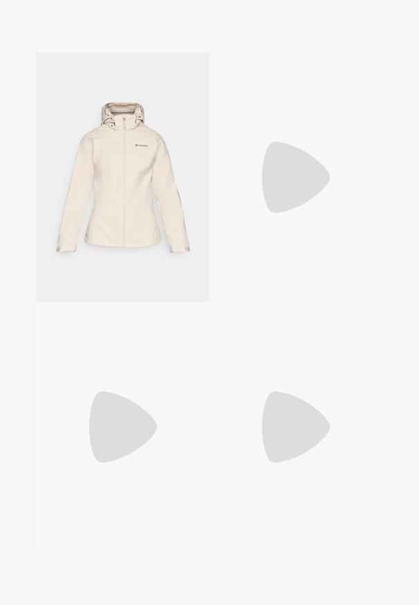 Giacca softshell beige da donna con zip frontale, cappuccio regolabile e due tasche laterali. Caratterizzata da una texture liscia e un logo discreto.; Maglietta a maniche lunghe rosa con logo minimalista bianco centrato sul petto, esposta su uno sfondo bianco plain.; Pantaloni blu navy realizzati in tessuto liscio, con chiusura frontale a bottone, design slim-fit e pieghe decorative sulle ginocchia.; Columbia PEAKFREAK - Scarpa da hiking - black