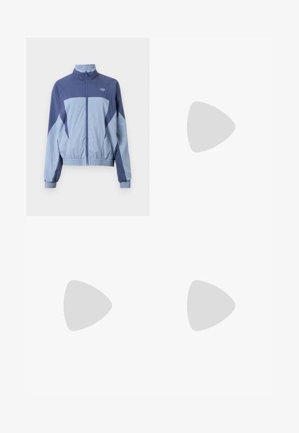 Modrá a svetlomodrá vetrovka s stojatým golierom, elastickými manžetami a logom na hornej ľavej strane. Ľahký materiál.; Čierne skrátené tričko z bavlny, s krátkymi rukávmi, okrúhlym výstrihom a malým bielym logom na ľavej hrudi.; Fialové tepláky s elastickým pásom, bočnými vreckami a zlatým grafickým dizajnom na ľavej nohe. Mäkký materiál s voľným strihom.; Svetlosivé tenisky vyrobené z kože a sieťoviny, s tromi bielymi pruhmi, okrúhlou špičkou a gumovou podrážkou. Zlatý logový akcent pri šnúrkach.