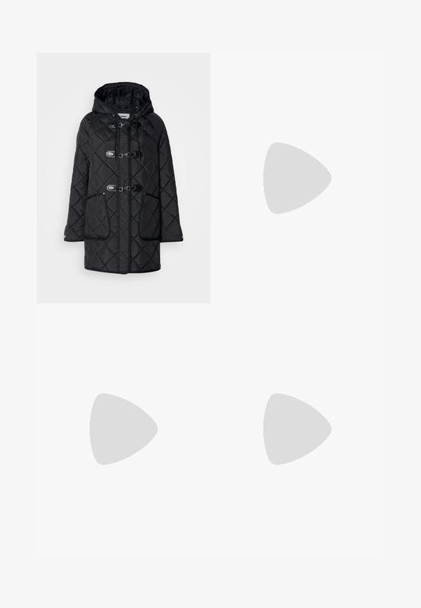 Padded black coat with a textured diamond pattern, a hood, toggle closures, and two front pockets. Features contrasting black trim.; White t-shirt with short, puffed sleeves made of lace. Round neckline, soft texture, and a slightly loose fit. Brand label visible inside.; Dark blue wide-leg jeans in denim fabric with a high waist, featuring orange stitching, five-pocket design, and a button closure.; Black leather pointed-toe mules with a low stiletto heel. Smooth texture, minimalistic design, and open back for easy wear.; Calvin Klein BOLD SMALL SHOULDER BAG - Handbag - white
