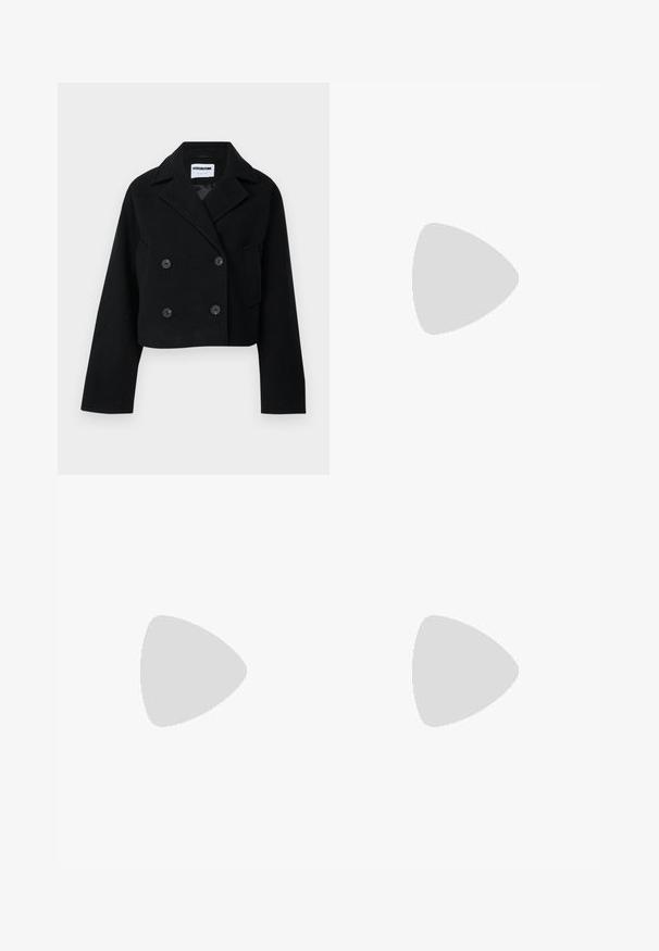 Black cropped double-breasted jacket with notched collar, wide sleeves, two front pockets, and six matching buttons. Smooth texture.; Burgundy knitted cardigan with a V-neck, long sleeves, five large brown buttons, and ribbed hem. Waffle texture throughout the fabric.; Black ribbed tank top with lace trim at the neckline and armholes. Features a fitted design and scalloped edges for added texture.; Blue denim wide-leg jeans with a textured pattern, five-pocket design, metal button closure, and stitched hems, showcasing a relaxed fit.; Black leather slingback pump with pointed toe and low kitten heel, shown from side on a plain white background.