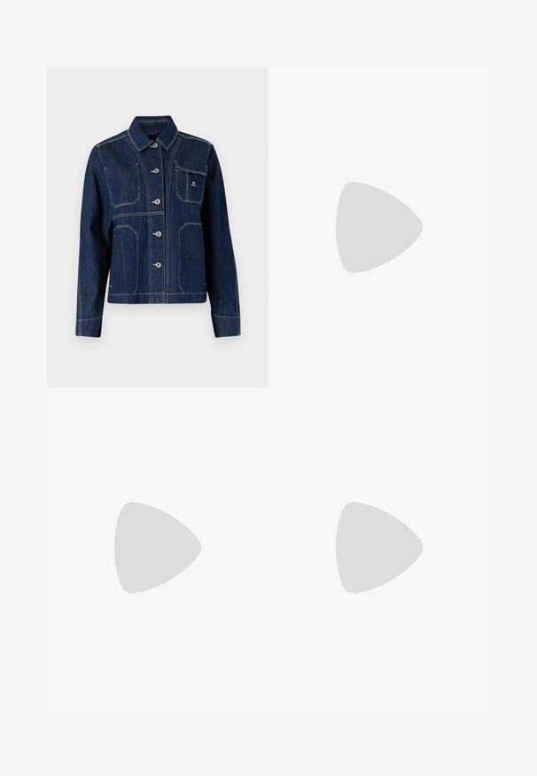 Dark blue denim jacket with a classic collar, button closure, and silver hardware. Features two chest pockets and contrasting white stitching.; Black cropped t-shirt made of cotton, featuring short sleeves, a round neckline, and a small white logo on the left chest.; Wide-leg denim jeans made from medium-weight blue cotton fabric. Features classic five-pocket design and a zip fly with button closure.; White leather sneaker with beige suede accents, perforated toe box, flat laces, and a textured cream sole. Features subtle branding on heel.