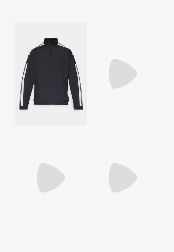 Schwarze Sportjacke mit hohem Kragen, Reißverschluss und weißen Seitenstreifen. Mit elastischen Bündchen und einem Logo am Saum. Leichtes Material.; Schwarzes Baumwoll-T-Shirt mit kurzen Ärmeln, Rundhalsausschnitt und einem weißen Logo auf der linken Brust. Glatte Textur und einfaches Design.; Schwarze Sporthosen aus glattem Polyester, mit weißen Seitestreifen, rosa Akzenten an den Taschen und einem elastischen Bund.; Schwarzer Sportschuh mit einem Mesh-Design, ausgestattet mit weißen Streifen, einer runden Zehenpartie und einer strukturierten Sohle für Grip und Unterstützung.