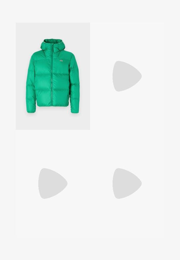 Žalias pūkuotas džemperis su kapišonu, turintis užtrauktuką, siuvinėtu dizainu ir firminiu logotipu kairėje krūtinės pusėje. Lygi, blizganti medžiaga.; Juodas ilgomis rankovėmis marškinėliai iš medvilnės, turintys apvalią iškirptę ir mažą žalią išsiuvinėtą krokodilo logotipą kairėje krūtinės pusėje.; Tamsiai mėlynos džinsinės šortai su klasikiniu penkių kišenių dizainu, matomomis siūlų akcentais ir tiesiu siluetu bei iki kelių siekiančiu pjūviu.; Lacoste sportbačiai tamsiai pilki, pagaminti iš tinklinės ir sintetinių medžiagų, su tekstūruotu padu ir rudomis detalėmis ant apykaklės bei prekės ženklo.