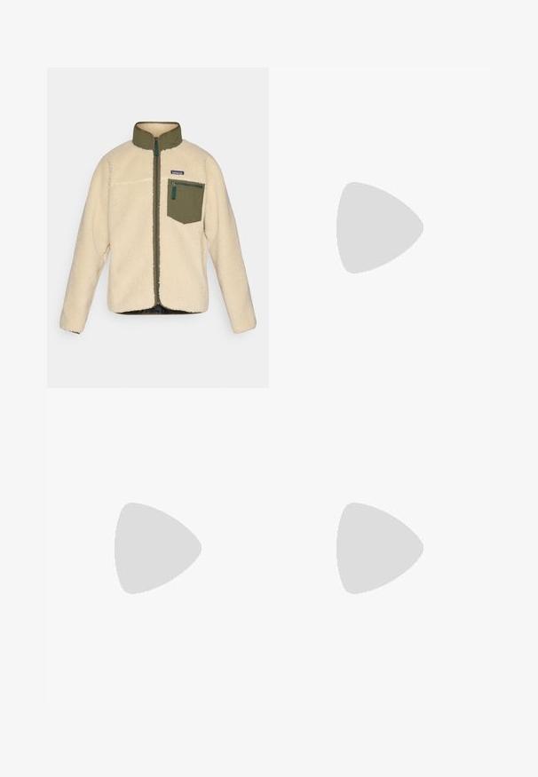 Patagonia CLASSIC RETRO-X - Flisinė striukė - dark natural/basin green; Ilgų rankovių marškiniai iš off-white spalvos medžiagos su pilku apykakle ir akcentais. Turi priekyje krūtinės kišenę su užtrauktuku. Minkštas tekstūra.; Bežiniai, aukštu liemeniu kelnių modeliai su plačiomis kojomis. Juose yra dvi priekinės raukšlės ir lygi tekstūra. Standartinio ilgio su švariu apdailu.; Šviesiai žali slip-on tipo batai su tekstūruota guma, skirti komfortui, su siūtu siūlu ir metaliniais akmenukais raištams.