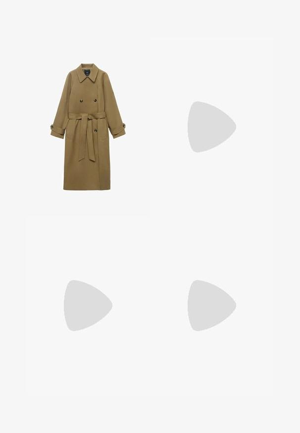 Lange kameelkleurige trenchcoat met brede reverskraag, dubbele knopen, ceintuur in de taille en knoopmanchetten, weergegeven op een witte achtergrond.; Twee camislots in zwart en wit. Gemaakt van zachte stof, met dunne bandjes en contrasterende afwerking langs de halslijn en armopeningen.; Donkerblauwe wijde jeans van denim. Voorzien van een ceintuurband met meerdere knopen, voorkruiszakken en een nette afwerking aan de zoom.; Puntige slingbackhakken in zwart-wit koeienprintdesign. Bovenwerk van stof met een gestructureerde afwerking en een slanke zwarte hak.