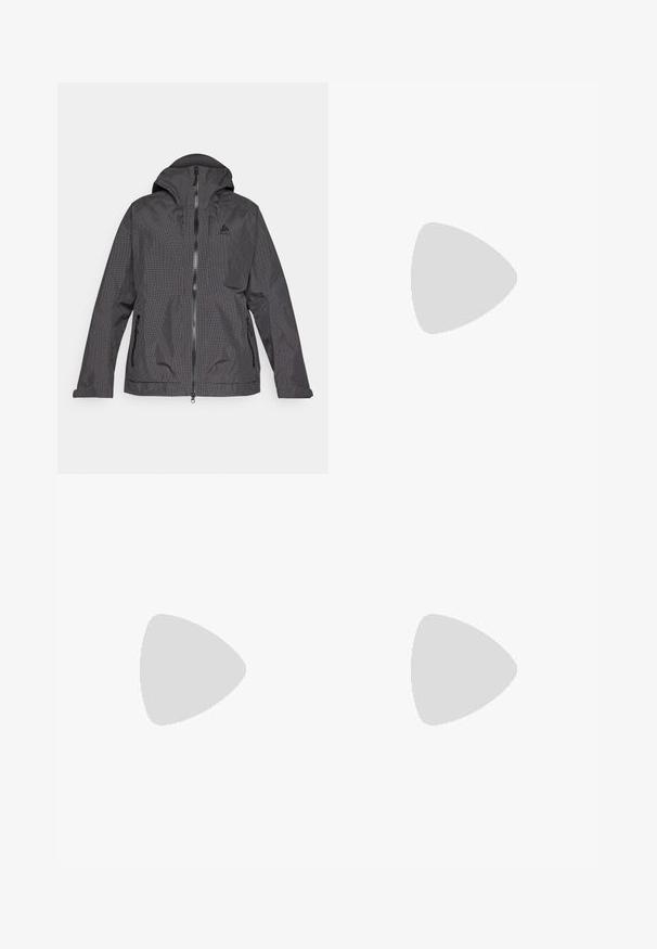Giacca a quadri nera e grigia con cappuccio, chiusura frontale con zip e due tasche laterali. Il tessuto sembra liscio con un design leggero.; T-shirt a maniche lunghe scure realizzato in tessuto testurizzato, con scollo rotondo e un piccolo logo bianco sulla zona sinistra del petto.; Pantaloni neri, leggeri e resistenti all'acqua, con vita elastica e due tasche laterali; texture liscia; design a gamba dritta.; Columbia PEAKFREAK™ II OUTDRY™ - Scarpa da hiking - deep madeira/white peach