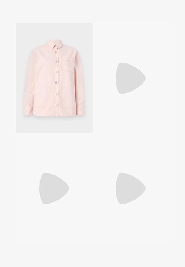 Pink button-up shirt featuring a collar, two front pockets, and silver button closures. Made from a soft fabric with a plain texture.; White short-sleeve t-shirt made of lightweight cotton. Features a round neckline and rolled sleeves. Red logo tag on the collar.; Beige sweatpants made of soft fabric, featuring a relaxed fit, side snap buttons, and front pockets with a small logo on the hip.; Black leather loafers with a smooth finish, stitched detailing around the toe, and a low rubber sole. Paired with wide black trousers.