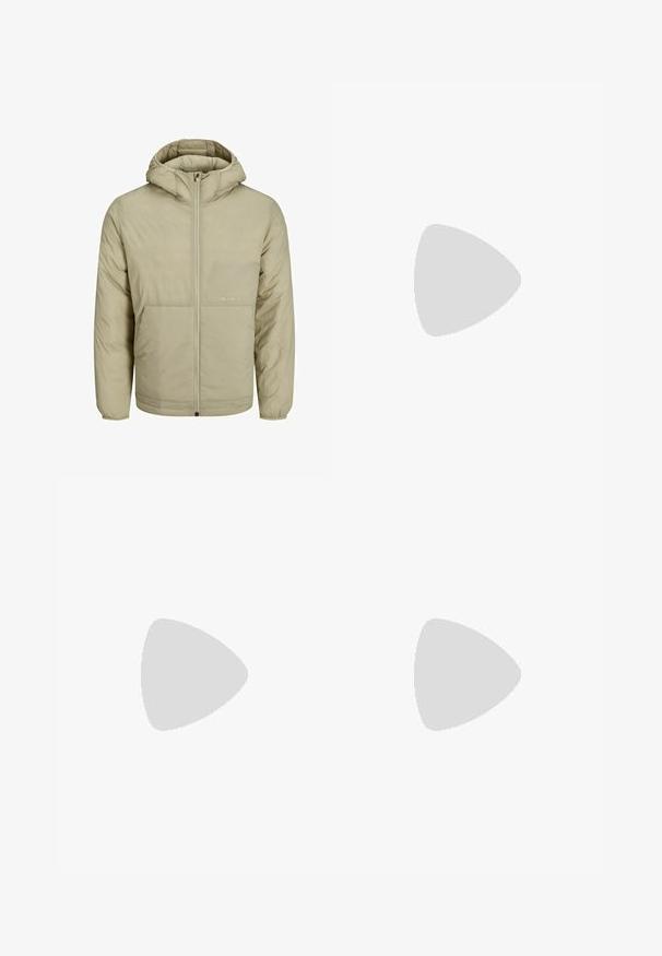 Beige hooded jacket with a zip front, features a subtle logo on the chest, and a quilted texture with elastic cuffs and hem.; White short-sleeve T-shirt in a ribbed texture. Round neckline, relaxed fit, no visible patterns or accents. Simple and versatile design.; Beige linen shorts with a tailored fit, featuring a front button closure, two side pockets, and subtle texture.; Sneaker featuring a navy blue mesh upper, gray suede accents, white rubber sole, and flat white laces, designed for comfort and breathability.