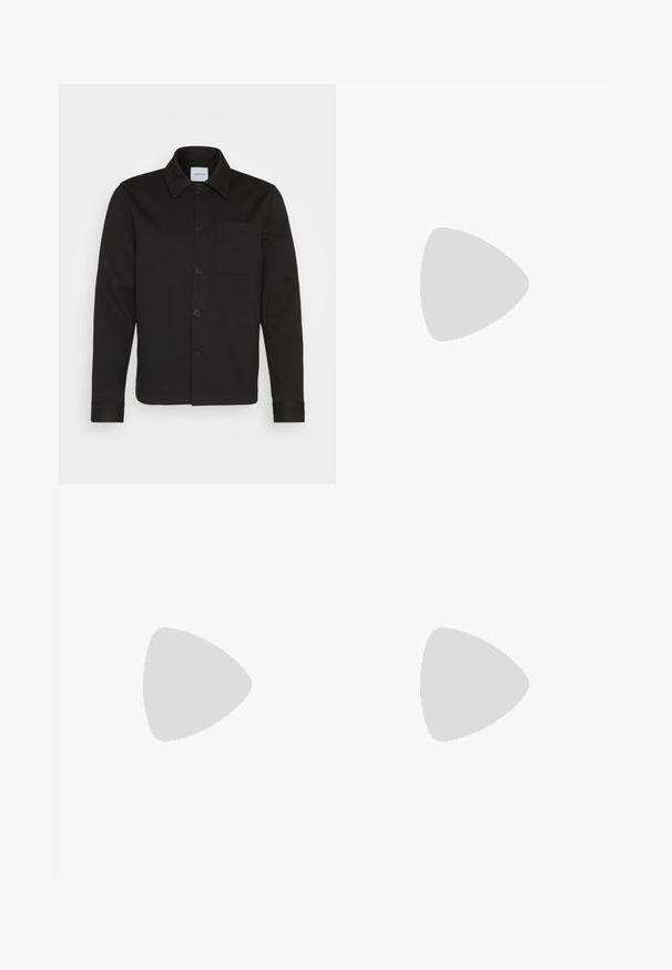 Black button-up jacket made of smooth fabric, featuring a collar, front pocket, and cuffed sleeves. No visible patterns or accents.; White long-sleeve button-up shirt made of smooth cotton. Features a classic collar, front placket with buttons, and a straight hem.; Black trousers with a straight cut, featuring a smooth texture and a black leather belt with a silver buckle. Simple design, no patterns or accents.; Black leather loafer with a smooth finish, featuring a stitched design and a decorative metal chain accent across the vamp. Flat heel.