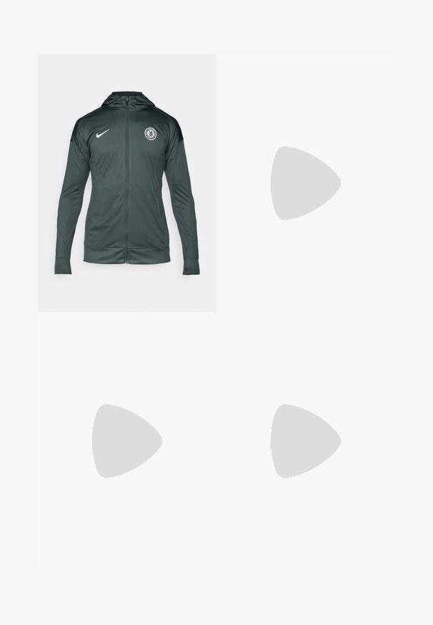 Musta vihreä Nike-takki, jossa on täyspitkä vetoketju edessä, huppu, sivutaskut ja Chelsea FC -logo vasemmassa ylärinnassa. Sujuva kangastuntu.; Musta Nike juoksupaita, joka on valmistettu kevyestä ja hengittävästä materiaalista. Paidassa on lyhyet hihnat ja pieni valkoinen logo rinnassa.; Mustat urheiluhousut, joissa on elastinen vyötärönauha, kapea malli ja valkoinen Nike-logo vasemmalla puolella. Pehmeä kangas, jolla on sileä pinta.; Mustat jalkapallon kengät, joissa on teksturoitu nahkainen päällinen, teal-värinen Nike-logo ja viisi muovista nappulaa tummalla pohjalla pitävän pidon takaamiseksi.
