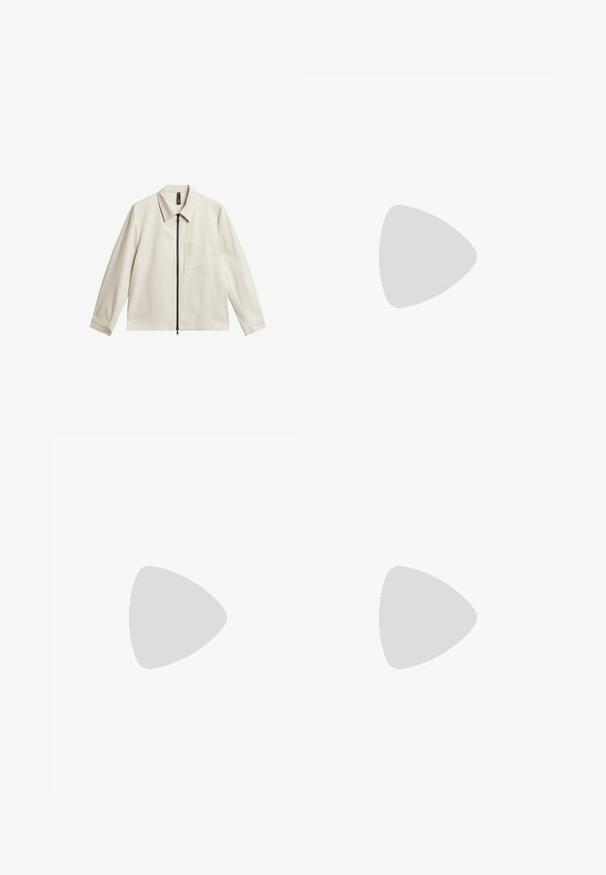 Light-colored jacket with a collar, front zipper, and a chest pocket. Made from smooth fabric, features long sleeves and a relaxed fit.; Short-sleeve polo shirt in light beige with a zippered collar. Made of smooth fabric, features a simple, modern design without patterns.; Navy blue trousers with a straight leg design, made from textured fabric. Features a front button closure and adjustable drawstring waist.; Brown suede shoe with a moccasin design, featuring stitching details, a rounded toe, and a flat sole. Smooth texture throughout.