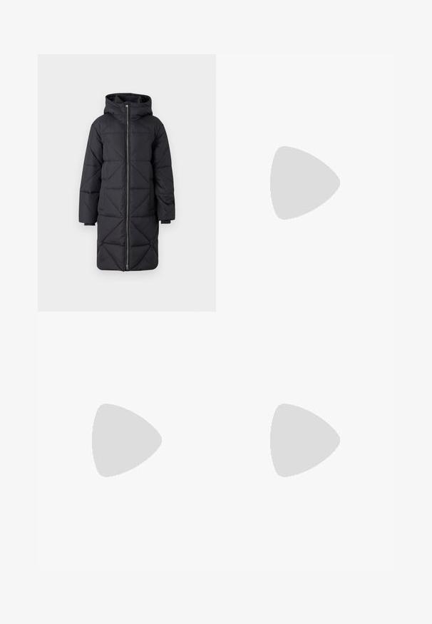 Black puffer coat with a hood, featuring diagonal quilted pattern, full zip front, and long sleeves, made from synthetic material.; Black short-sleeve t-shirt with a round neckline, crafted from soft cotton fabric. Simple design, no visible logos or patterns.; Black wide-leg pants made from smooth fabric, featuring gold-tone button accents at the waistband and a clean, minimalist design.; Black glossy ankle boot with thick lug sole and rounded toe, side view on plain light gray background.