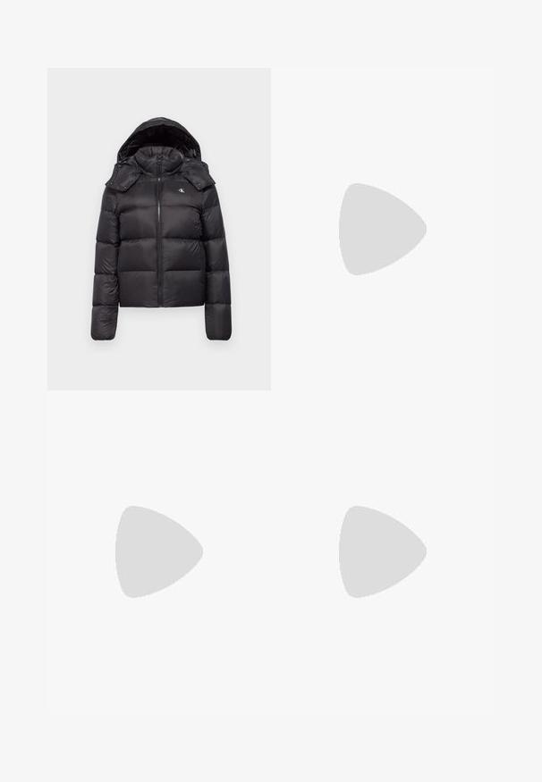 Black puffer jacket with a hood, featuring a zip closure, quilted design, and a logo on the chest. Soft, shiny material with long sleeves.; White cotton t-shirt featuring a graphic of a woman in a pink dress on a city street, with printed DKNY logo and a bike symbol.; White wide-leg trousers made of lightweight fabric, featuring a smooth texture, clean lines, and a high waist design.; Black leather sneaker with a rounded toe, white platform sole, and black laces. Features a subtle logo on the heel and smooth texture.