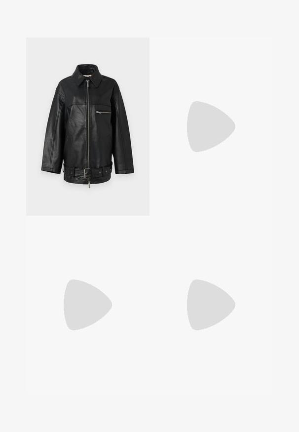 REMAIN OVERSIZE JACKET - Kožená bunda - black; Poloko s krátkym rukávom v svetloružovej farbe s bielymi pruhmi, s golierom a plaketou na tri gombíky, vyrobené z hladkej tkaniny.; Džínsy s širokými nohavicami vyrobené z svetlomodrého denim materiálu s opotrebovaním, s piatimi vreckami, zapínaním na gombík a minimálnym prešívaním.; Čierne sieťované baletky s špicatou špičkou, vybavené dvoma čiernymi nastaviteľnými popruhmi so striebornými detailmi. Textúrovaný a ľahký dizajn.