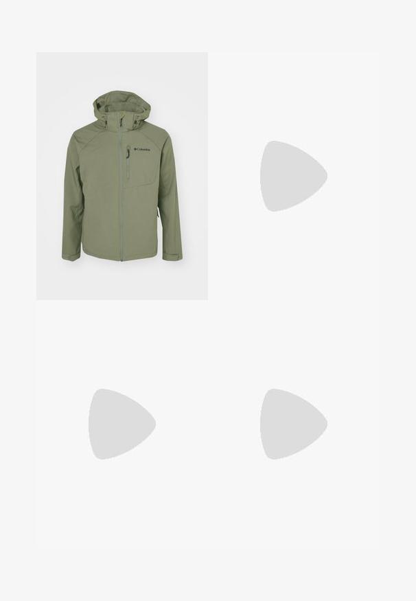 Green Columbia jacket with a zippered front, adjustable hood, and a chest pocket. Features a smooth, matte fabric texture and fitted design.; Gray fleece pullover with a quarter-zip design, soft texture, long sleeves, and logo on the chest. Accented with contrasting side panels.; Beige cargo pants with a straight cut, featuring two side pockets, a button closure, and logo detail on the thigh. Lightweight fabric.; White trail running shoe with mesh and synthetic upper, textured accents, rubber sole, and Salomon branding on the side.