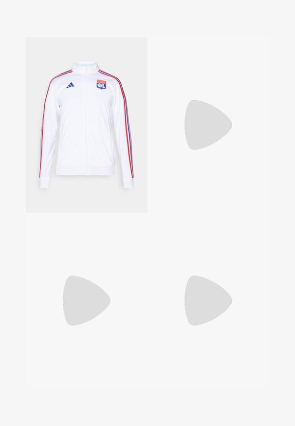 Weiße Sportjacke mit Reißverschluss, mit roten und blauen Streifen an den Ärmeln und einem Olympique Lyonnais Logo auf der Brust. Hergestellt aus synthetischem Material.; Langärmliges weißes Sportshirt aus glattem Material mit einem schwarzen Adidas-Logo auf der Brust; V-Ausschnitt-Design und figurbetonte Form.; Navy Traininghose aus weichem, dehnbarem Material mit drei weißen Streifen an den Seiten und einem weißen Logo am linken Oberschenkel.; Weißer Fußballschuh mit schwarzen Akzenten und roter Sohle. Verfügt über drei schwarze Streifen an der Seite und ein glattes Obermaterial.