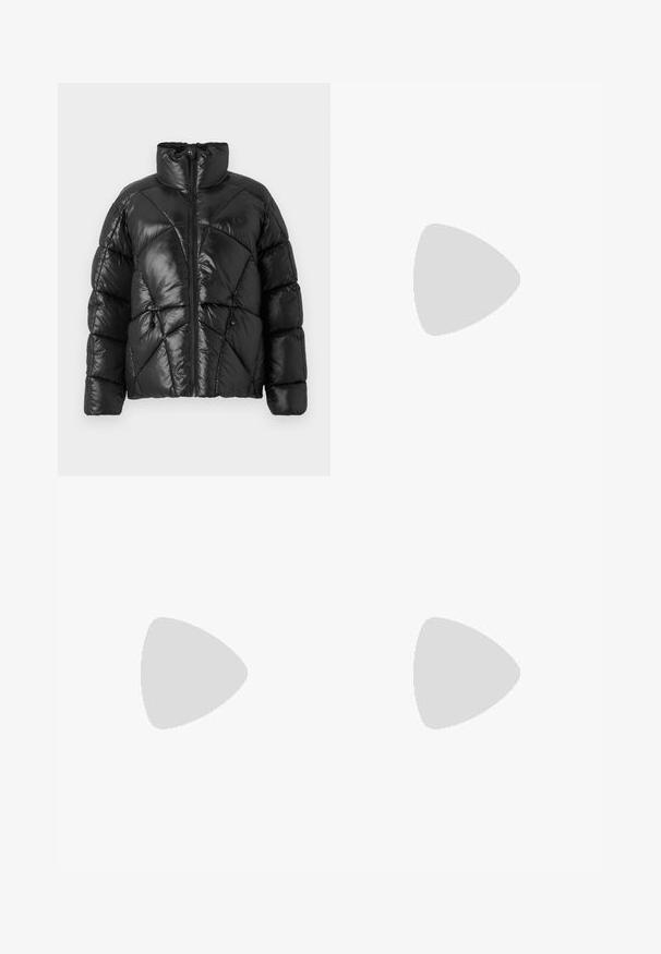 Black puffer jacket with a high collar, zip closure, and geometric quilted pattern. Features elastic drawstrings at the hem and a logo accent.; White cropped knitted sweater with a textured pattern, featuring a butterfly design in the center and ribbed cuffs at the sleeves.; Black trousers with a straight fit, featuring double pleats, a smooth texture, and a classic waistband design. No visible hardware or accents.; Black leather loafers with a chunky platform sole. Rounded toe, front seam detail, and subtle stitching accents. Flat, textured outsole.