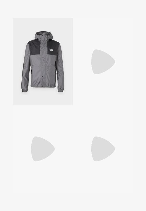 The North Face SEASONAL MOUNTAIN - Giacca outdoor - smoked pearl; Felpa verde chiaro realizzata in misto cotone. Presenta polsini e orlo a costine, con un piccolo logo ricamato sul petto. Design semplice, con scollo rotondo.; Pantaloni neri a gamba larga realizzati in un tessuto liscio. Presentano una chiusura con bottone e zip, decorazioni a cucito e nessun motivo visibile.; Scarpe sportive verde chiaro e grigie con materiali in rete e sintetici, dotate di lacci bianchi e testo "1000" sul lato. Pantaloni marroni con cuciture bianche.