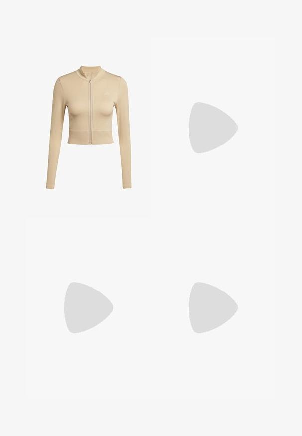 Beige cropped zip-up jacket made from soft fabric, featuring long sleeves, a high collar, and subtle textured accents on shoulders.; White cotton t-shirt featuring a round neckline, short sleeves, and a curved hem. Smooth texture with no patterns or accents.; Bright orange leggings featuring a fitted design, ribbed accents along the sides, and a logo near the waistband. Smooth texture throughout.; White athletic shoe with a knit upper, textured lateral panels, and a cushioned white sole. Features laces and a reinforced toe cap.