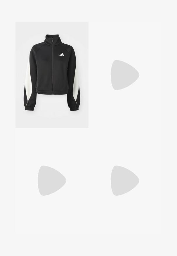 Jaqueta desportiva preta com fecho éclair, detalhes brancos, colarinho alto e punhos ajustados. Feita de tecido liso com um logótipo no lado superior esquerdo.; T-shirt azul de mangas curtas, feito de tecido leve, com gola redonda e textura suave. Logótipo discreto no lado superior esquerdo.; Leggings pretos feitos de material elástico, com uma cintura alta e um logotipo refletor no quadril, apresentando um design de destaque geométrico na perna.; Sapatos de treino pretos com riscas brancas, parte superior em malha texturizada e sola branca. Usados com leggings cor-de-rosa, destacando roupa de treino.