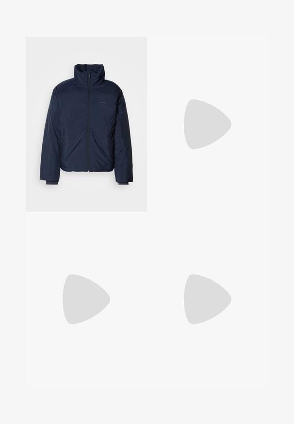 Navy quilted puffer jacket with high collar and full front zipper. Features zippered side pockets and ribbed cuffs for extra warmth.; White cotton t-shirt with a relaxed fit, featuring a small black graphic logo on the left chest area. Short sleeves, crew neck style.; Beige cotton shorts with a straight cut, featuring a front button and zipper closure, side pockets, and stitched hems.; Black leather sneaker with a smooth finish, rounded toe, tonal stitching, lace-up front, and a flat rubber sole. Loop at the heel.