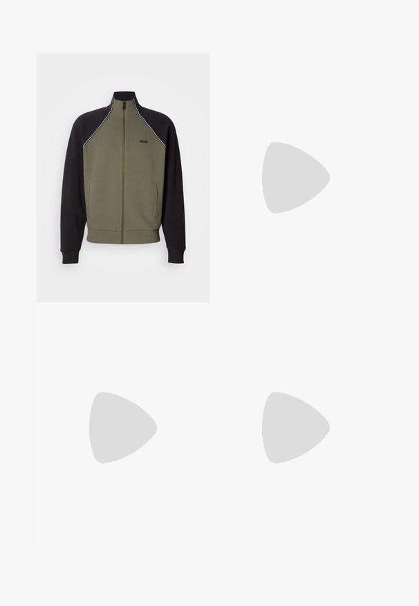 Zip-up jacket in olive green and black, featuring a high collar, side pockets, and white piping along the shoulders. Soft texture.; White cotton t-shirt with a relaxed fit, featuring a small black graphic logo on the left chest area. Short sleeves, crew neck style.; Black casual elastic-waist pants with side pockets, ankle elastic cuffs, and a small logo on the right thigh.; Men's running shoes in black mesh with reflective silver accents, featuring a cushioned sole and a textured surface for grip.