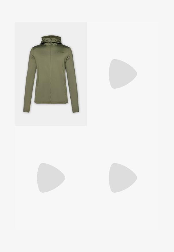 Olivroheline tõmblukkidega kapuutsiga sviiter on valmistatud pehmest kangast, millel on sobituv kapuuts, pikad varrukad ja kaks külge taskut. Minimalistlik disain, millel on bränditud logo.; Salomon TRACKLINE TEE - Spordi T-särk - gray green; Beezid lühikesed püksid, mis on valmistatud puuvillase segu kangast. Omavad nööbikinnitust, vöökohasid ja sirgeid ääriseid. Ei ole nähtavaid mustreid ega akente.; Kergedane Salomoni jooksujalats oranžide paelaringidega, hõljumas kruusateel metsas.