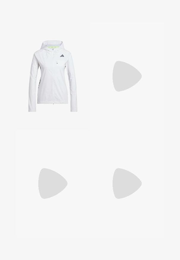 Giacca bianca con zip e cappuccio, realizzata in materiale leggero. Presenta dettagli neri e una tasca sul petto. Include fori di ventilazione sulle maniche.; Top atletico bianco senza maniche con scollatura rotonda, caratterizzato da un grande logo Adidas nero composto da tre strisce sul davanti.; Leggings atletici viola realizzati in tessuto elasticizzato, con una vita alta e sottili motivi testurizzati lungo i lati.; adidas Performance PUREBOOST 5 - Scarpe da corsa su strada - white/glow blue/purple burst