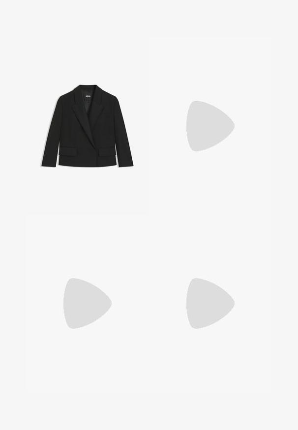 Black cropped blazer with a structured design, sharp lapels, two front pockets, and a single-button closure. Made from smooth fabric.; Long-sleeve white ribbed top with a fitted design, featuring a black embroidered "guess jeans" logo on the chest. Soft cotton fabric.; Black flared pants with two front buttons, featuring a smooth, textured fabric, and vertical seams for a tailored appearance.; Black leather slingback heels with a pointed toe, featuring a slim heel and a gold-tone accent on the adjustable strap. Smooth texture.